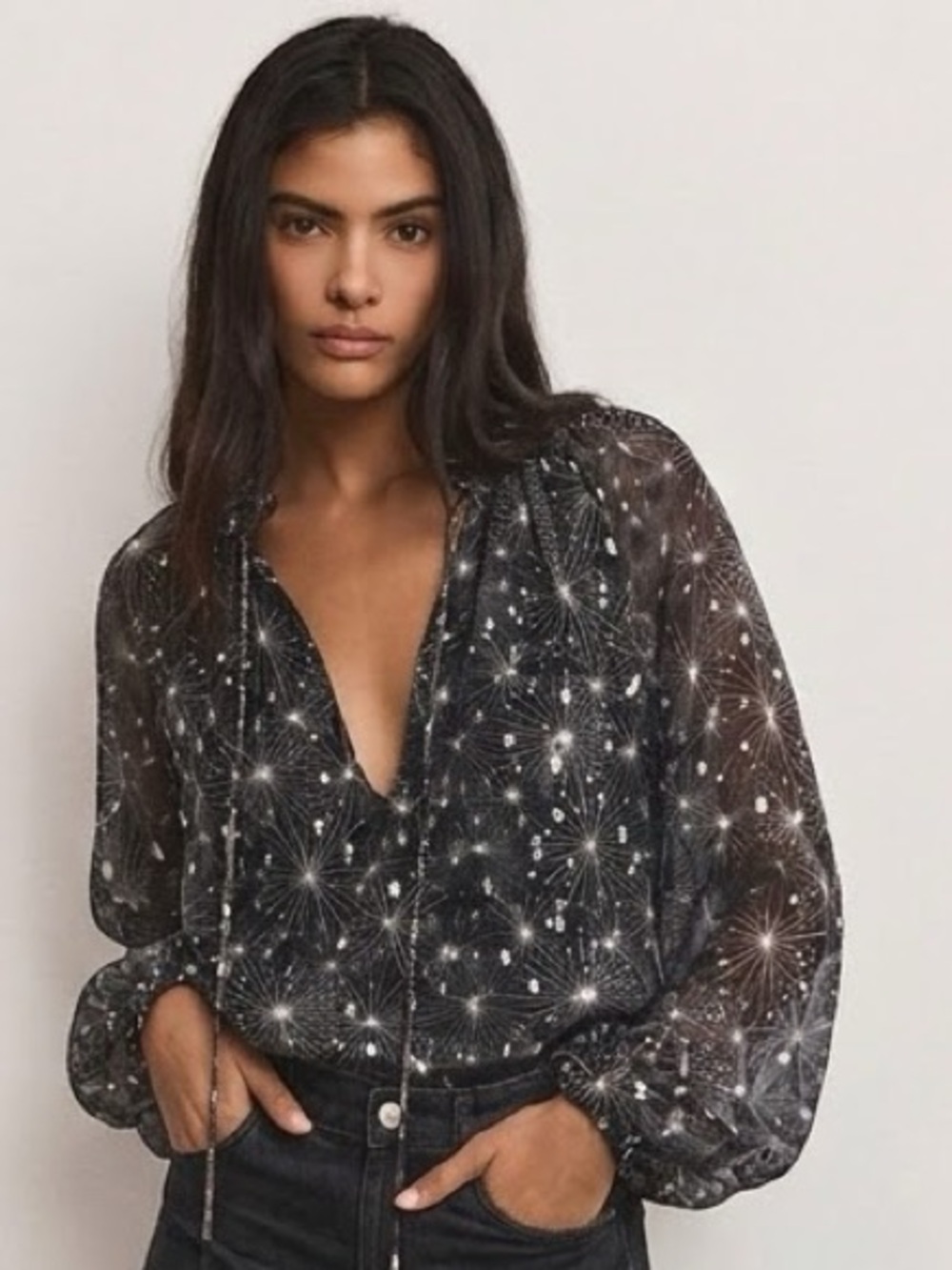 FRAME $350 • size Medium • Fil Coupé Shirred Keyhole Peasant Blouse 2019